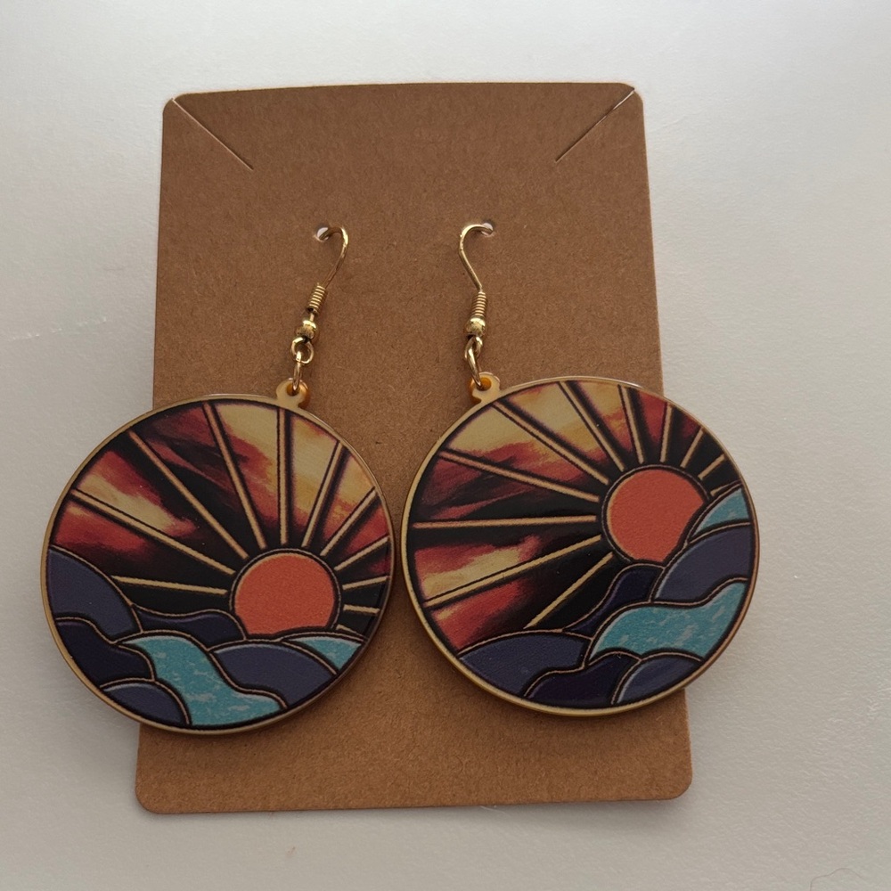 Fashion Jewelry Sunset Wave Round Dangle Earrings - Orange, Blue, Purple, Gold